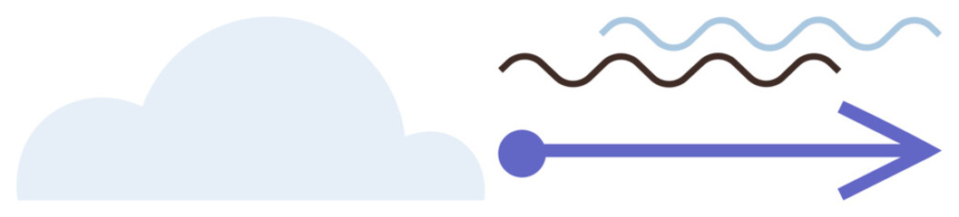 Cloud with flowing lines transitioning into a rightward arrow, symbolizing wind or air movement. Ideal for weather, energy, sustainability, fluidity, direction, travel digital interface. Simple flat