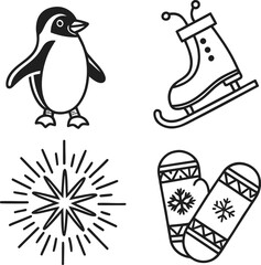 Cute penguin festive stocking mittens snowflake collection festive symbols for winter holidays isolated on transparent background