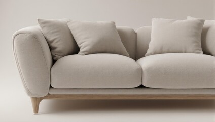 Fototapeta premium A plush, neutral-toned modern sofa with soft cushions, wood base, against a solid background