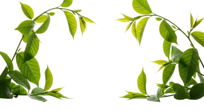 Vibrant emerald green leaves on slender branches, arching around central copy space, transparent studio background, bright high-key light. Concept of natural growth and purity