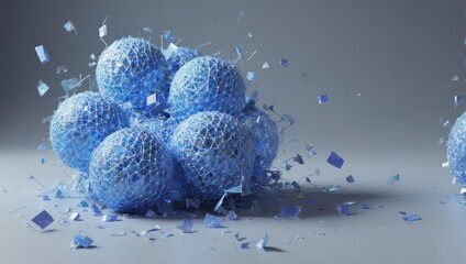Cluster of blue spheres, partially fragmented, with scattering shards on a muted grey backdrop