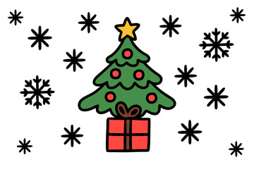 Whimsical Hand Drawn Christmas Tree with Gift and Snowflakes on White Background Festive Holiday Illustration