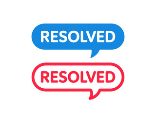 Resolved Text in Speech Bubbles Blue and Red Indicating Problem Solved and Issue Closed Conversation Bubbles with White Background