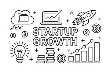 Startup Growth Outline Illustration with Rocket and Financial Elements for Business Success and Innovation in Technology and Finance