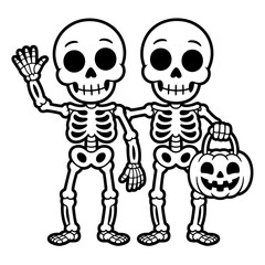 Cartoon Halloween Skeletons with Pumpkin Illustration for Kids and Holiday Decorations a Fun and Spooky Black and White Line Art Design