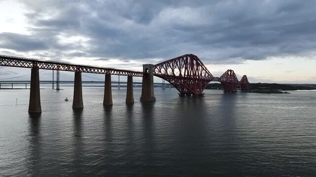 Forth Bridge from a drone, Queensferry Crossing, Forth Estuary, Scotland