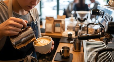 Barista pouring latte art into a coffee cup at a cafe.
