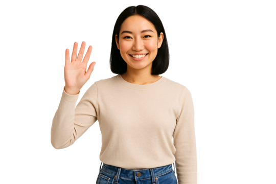 Smiling woman waving hand on white background. Greeting. Joy. Positivity.