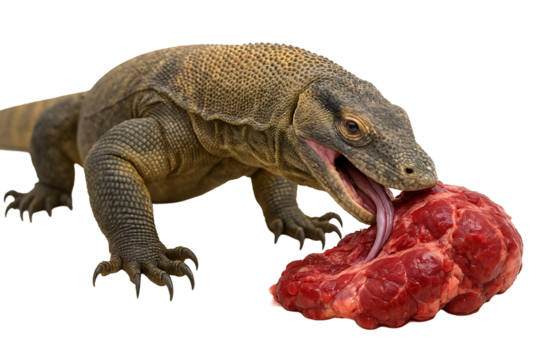 Monitor lizard with piece of meat on white background. Reptile. Predator. Nature.
