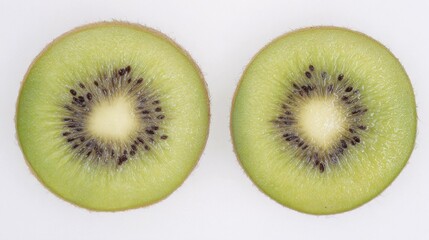 Fototapeta premium Vibrant green kiwi fruit sliced in half, showcasing fresh flesh with black seeds. 