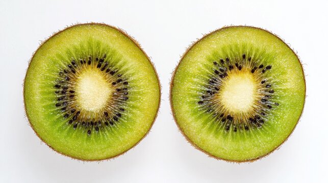 Vibrant green kiwi fruit sliced in half, showcasing fresh flesh with black seeds.
 - Powered by Adobe