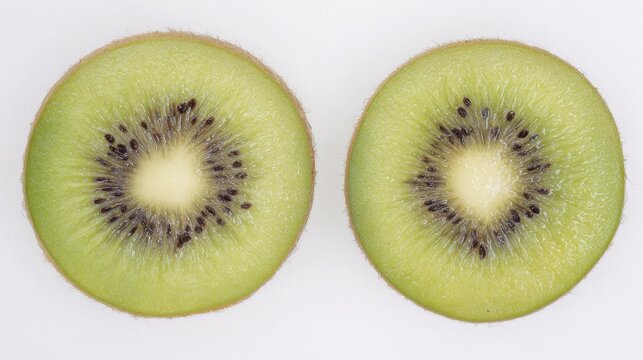 Vibrant green kiwi fruit sliced in half, showcasing fresh flesh with black seeds.

