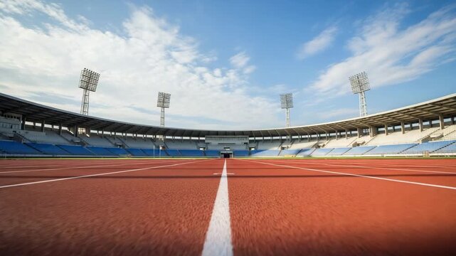 Empty stadium with running track and blue sky on a sunny day outside