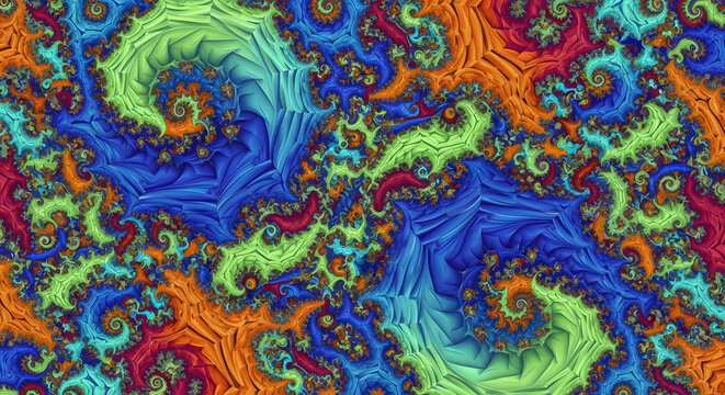 A colorful fractal pattern with spirals and intricate details in blue green orange and red hues