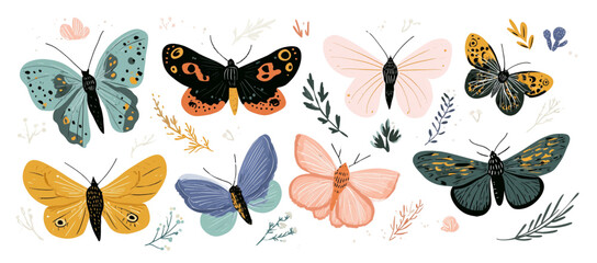 Beautiful collection of colorful hand-drawn butterflies and moths.