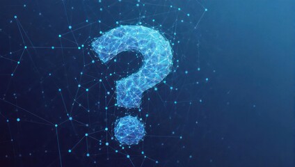 A stylized, glowing blue question mark made from interconnected digital nodes against a dark background