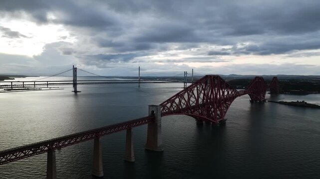 Forth Bridge from a drone, Queensferry Crossing, Forth Estuary, Scotland