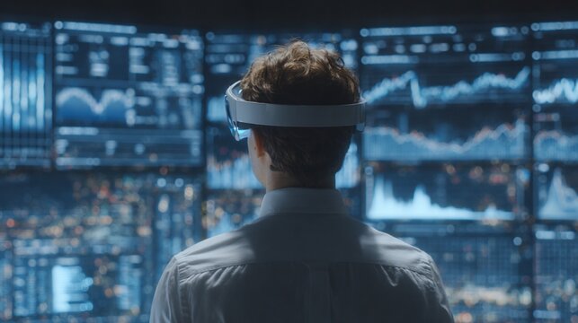 Man with VR Headset Analyzing Financial Data on Multiple Screens for Investment decisions - Powered by Adobe