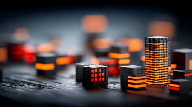 Miniature Metropolis: Abstract Cityscape with Glowing Buildings on Reflective Surface - Powered by Adobe