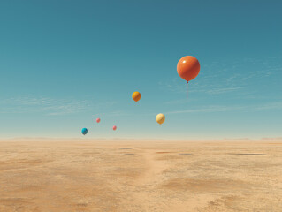 Colorful balloons floating above a dry desert landscape under clear blue sky