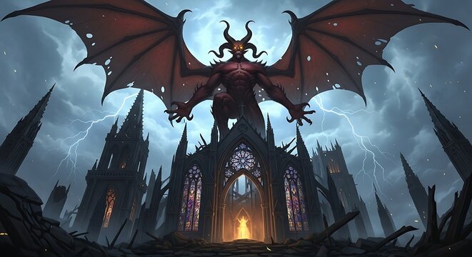 A Giant Winged Demon Lord Towers Over a Dark Cathedral.