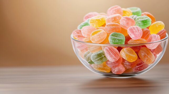 Bowl of Colorful Sugar-Coated Fruit Jellies: Sweet Treats, Candy, Dessert, Confectionery, Delicious, Vibrant, Gourmet, Close-up