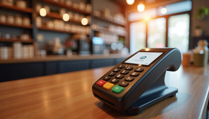 Payment terminal on wooden counter in modern cafe setting  