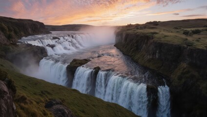 Wide waterfall cascading down a cliff face, bathed in the warm glow of a sunset
