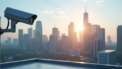 Naklejka premium Security surveillance camera overlooking modern city skyline at sunset 