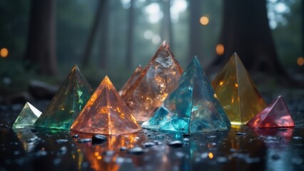 Magical crystal pyramids glowing in a mystic forest at twilight.