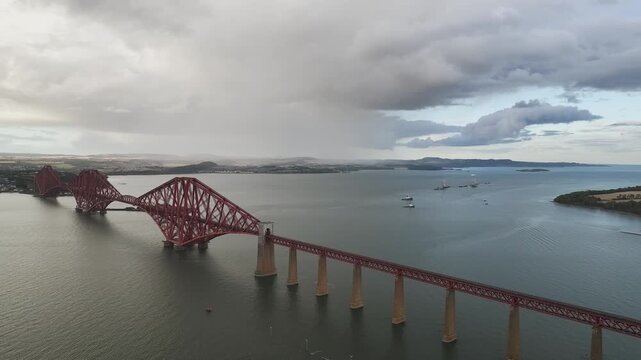 Forth Bridge from a drone, Queensferry Crossing, Forth Estuary, Scotland
