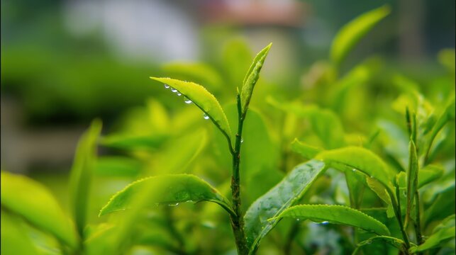 Fresh tea leaves glistenin with morning dew, showcasng vibrant green hues in sft natural light.