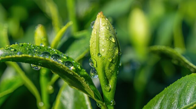 Fresh tea leaves glistenin with morning dew, showcasng vibrant green hues in sft natural light.