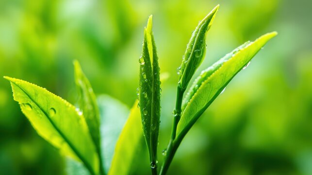 Fresh tea leaves glistenin with morning dew, showcasng vibrant green hues in sft natural light.