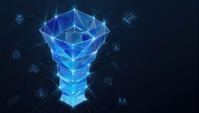 Abstract geometric funnel illustration with bright blue lines and surrounding graphics on dark background - Powered by Adobe
