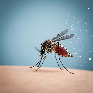 Aedes mosquito feeding on human skin close up.