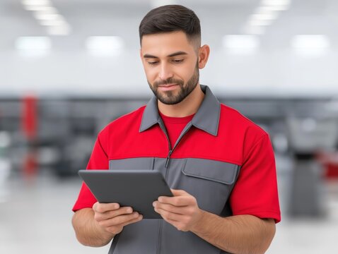 Male technician in red and gray uniform is using a tablet in a modern automotive workshop, surrounded by tools and equipment, showcasing digital engagement in the repair industry