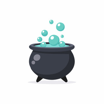 Spooky black cauldron with vibrant green bubbling potion, perfect for magical Halloween themes, on an isolated white background.