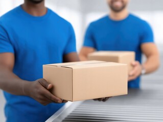 African American men in blue shirts are handling cardboard boxes in a bright warehouse, showcasing teamwork and efficiency in logistics and delivery operations