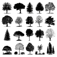 Obraz premium A diverse collection of black tree silhouettes on a white background.