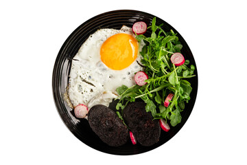 Eggs breakfast black pudding, egg, vegetables, arugula portion size natural product tasty snack fresh delicious gourmet food background on the table rustic top view copy space