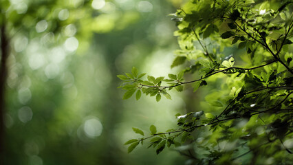 Sunlight filtering through green leaves in a lush forest