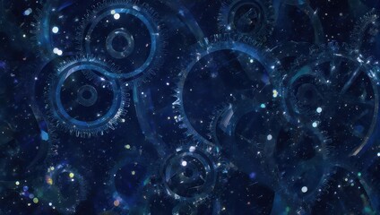 Abstract illustration of celestial mechanisms, featuring interconnected gears in a deep blue cosmos