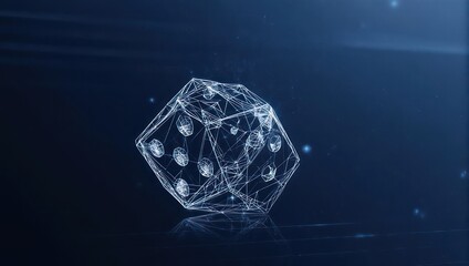 Abstract cube-shaped die, rendered in wireframe style, floating against a deep blue background