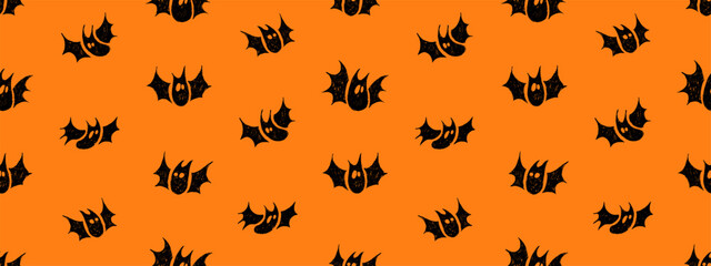 Halloween background with black silhouettes of bat. Cute crayon elements for autumn holiday decor. Doodle Halloween icons with charcoal texture, vector illustration