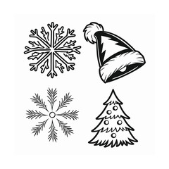 Hand drawn christmas icons snowflake santa hat and pine tree festive winter symbols isolated on transparent background