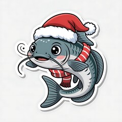 Cute cartoon catfish wearing a santa hat and scarf for christmas