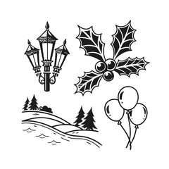 Festive holiday elements featuring holly lanterns christmas trees and balloons for seasonal design isolated on transparent background