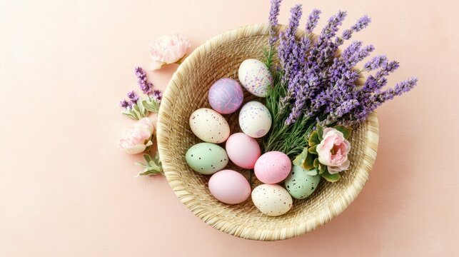 Colorful Easter eggs and sring flowers arranged in awoven basket, evoking festve joy.