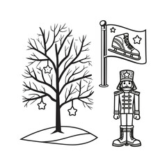 Minimalist outline of a bare tree and a soldier figure with flag symbol isolated on transparent background